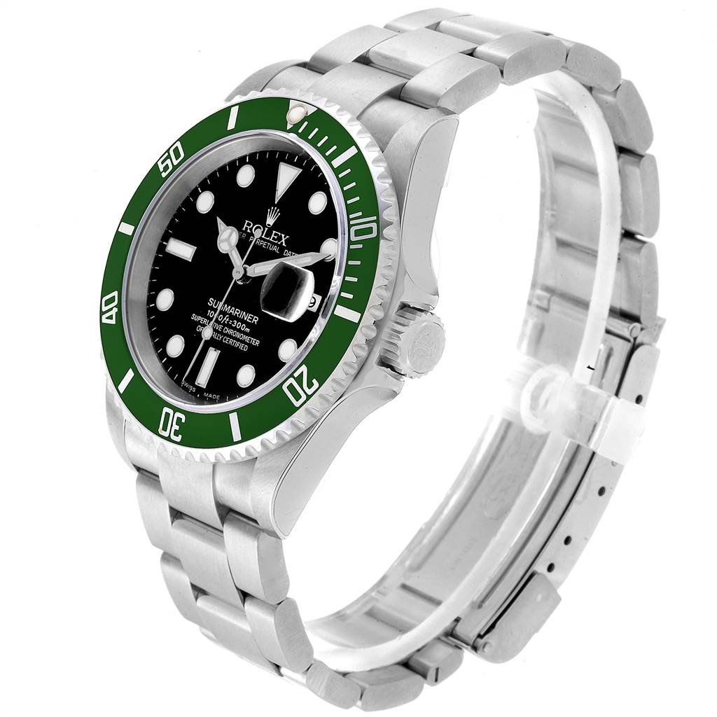 The image shows a Rolex Submariner 16610LV Men's Stainless Steel Black Dial 16610LV Men's Stainless Steel Black Dial watch at a three-quarter angle, highlighting the green bezel, black dial, and metal band.