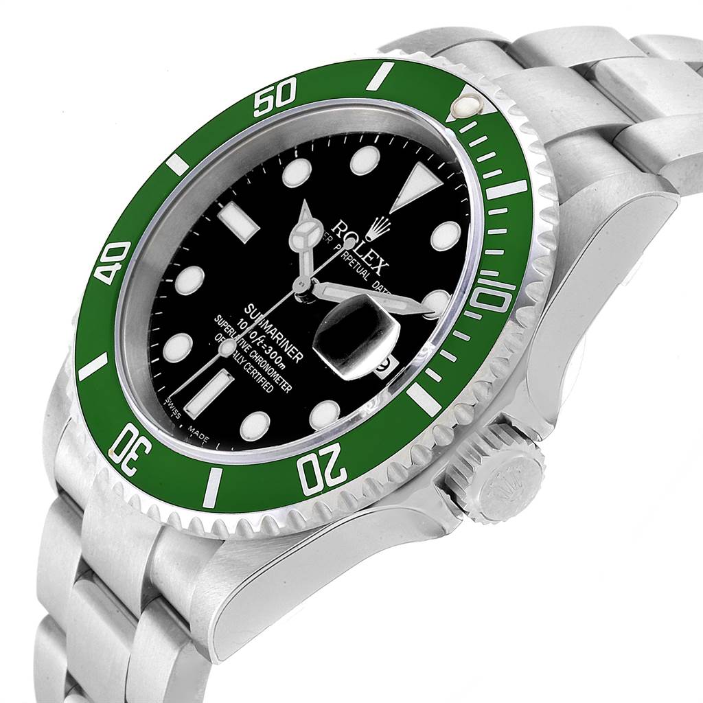 This image shows a close-up, angled view of the Rolex Submariner 16610LV Men's Stainless Steel Black Dial 16610LV Men's Stainless Steel Black Dial watch detailing its green bezel and black dial on a silver bracelet.