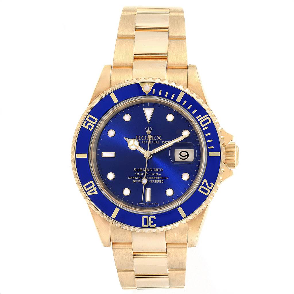 This image shows a frontal view of a Rolex Submariner 16618 Men
s Yellow Gold Blue Dial 16618 Men
s Yellow Gold Blue Dial watch displaying the face, bezel, and band.