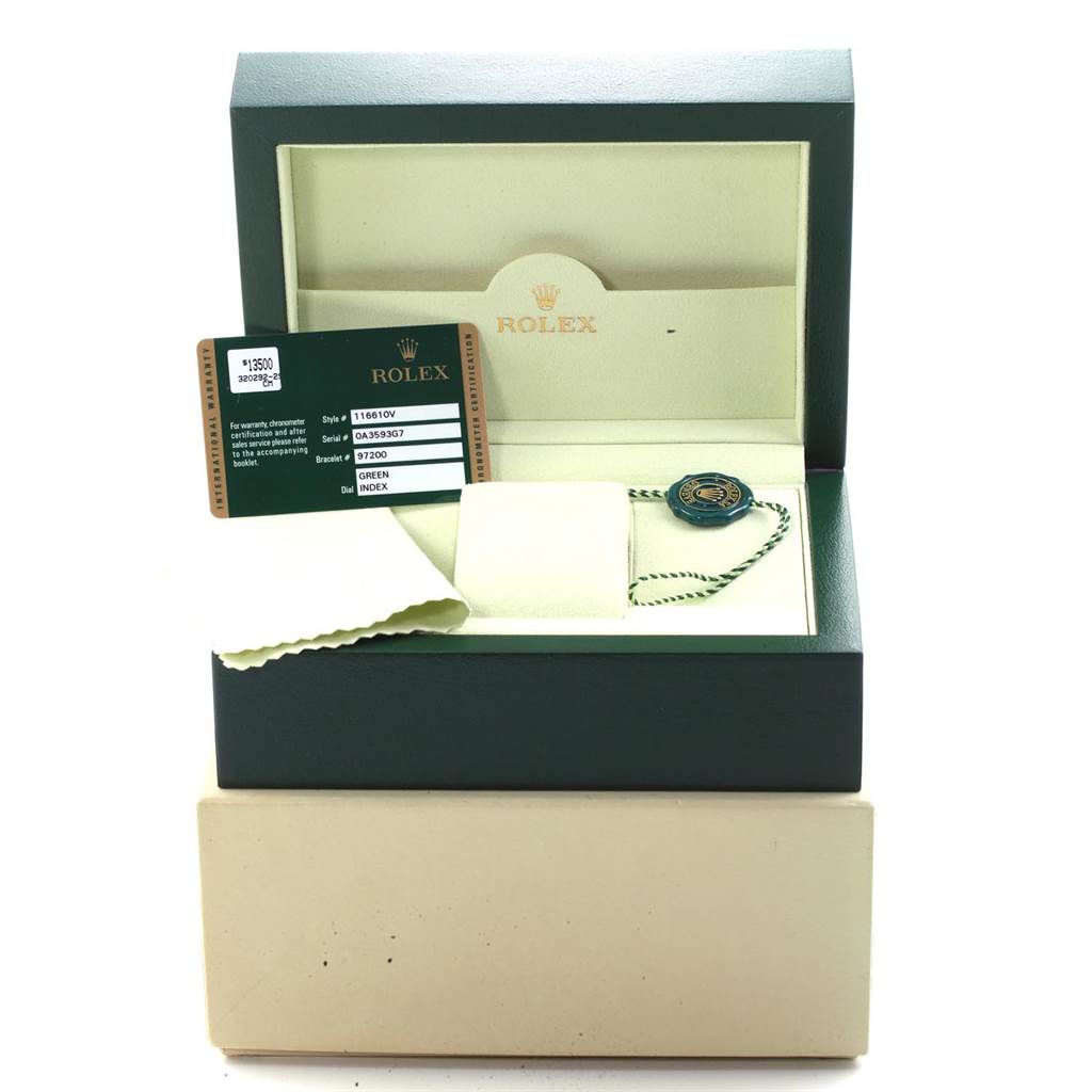 The image shows the packaging and accessories for a Rolex Submariner 116610LV Men
s Stainless Steel Green Dial 116610LV Men
s Stainless Steel Green Dial, including the box, tags, card, and cloth.