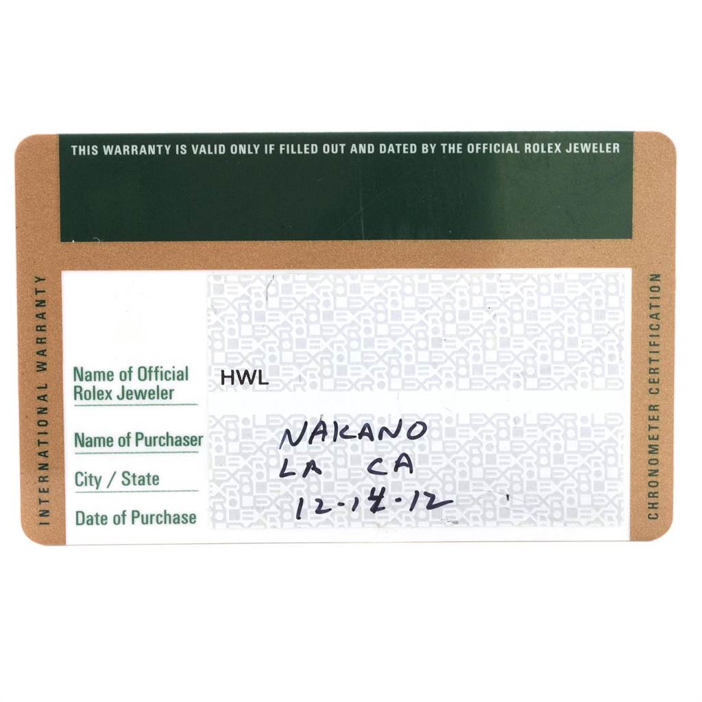 This is the international warranty card for the Rolex Submariner 116610LV Men
s Stainless Steel Green Dial 116610LV Men
s Stainless Steel Green Dial model, showing the names of the jeweler and purchaser along with the purchase date.