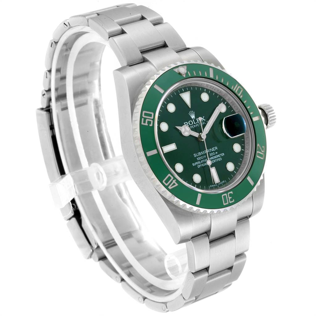 The image shows a side angle of a Rolex Submariner 116610LV Men
s Stainless Steel Green Dial 116610LV Men
s Stainless Steel Green Dial watch, displaying the green dial, bezel, and part of the stainless steel bracelet.
