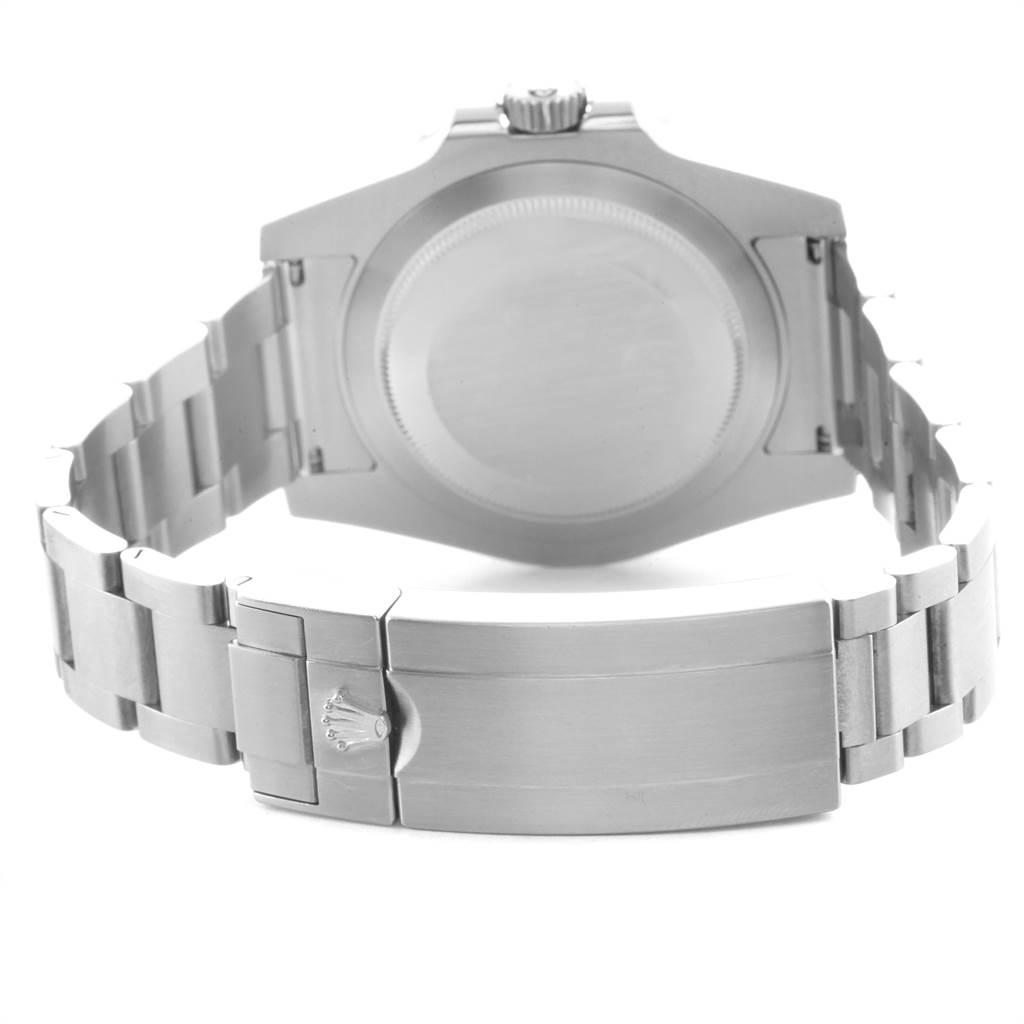 This image shows the back view of a Rolex Submariner 116610LV Men
s Stainless Steel Green Dial 116610LV Men
s Stainless Steel Green Dial watch, highlighting its case back, bracelet, and clasp.