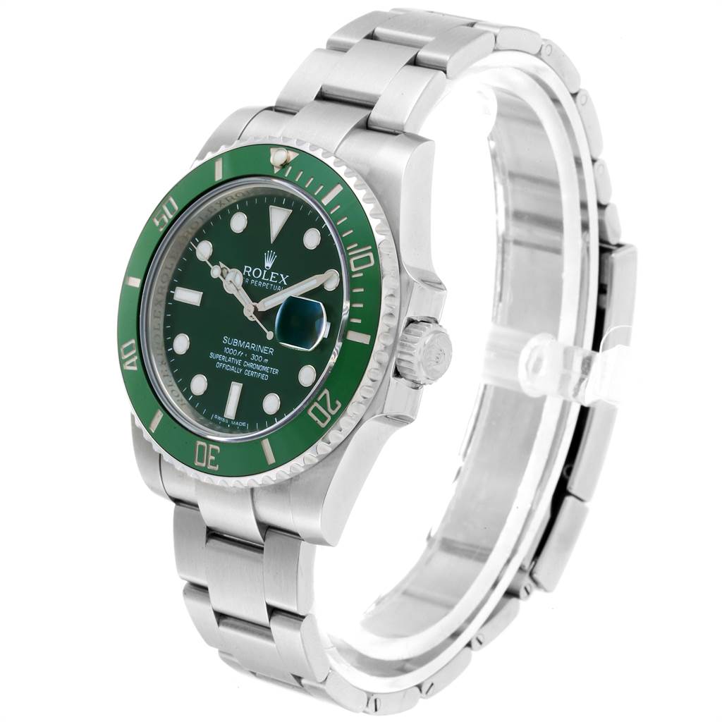 This image shows a Rolex Submariner 116610LV Men
s Stainless Steel Green Dial 116610LV Men
s Stainless Steel Green Dial watch at a slight angle, highlighting the face, bezel, crown, and bracelet.