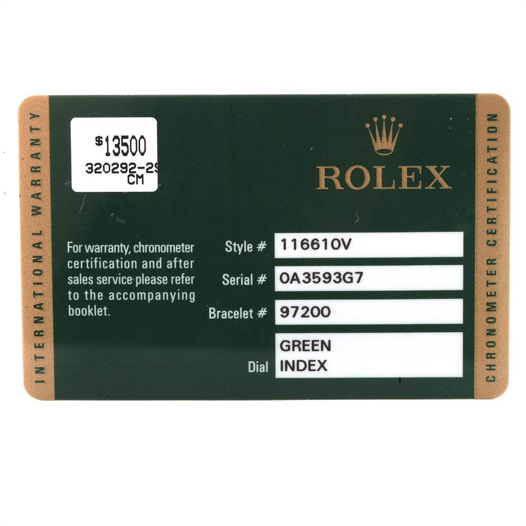 This image shows a warranty card for a Rolex Submariner 116610LV Men
s Stainless Steel Green Dial 116610LV Men
s Stainless Steel Green Dial, detailing the model number, serial number, bracelet number, and dial type.
