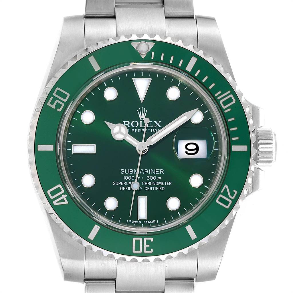 This is a front view of a Rolex Submariner 116610LV Men
s Stainless Steel Green Dial 116610LV Men
s Stainless Steel Green Dial watch showing its green bezel, dial, hands, crown, and the metal bracelet.