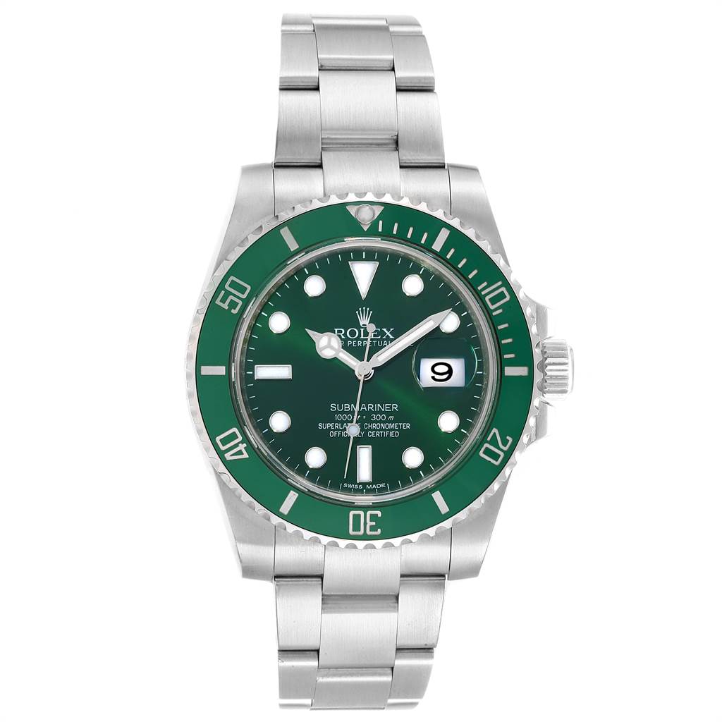 The image shows a front view of a Rolex Submariner 116610LV Men
s Stainless Steel Green Dial 116610LV Men
s Stainless Steel Green Dial watch with a green dial and bezel, and a stainless steel bracelet.