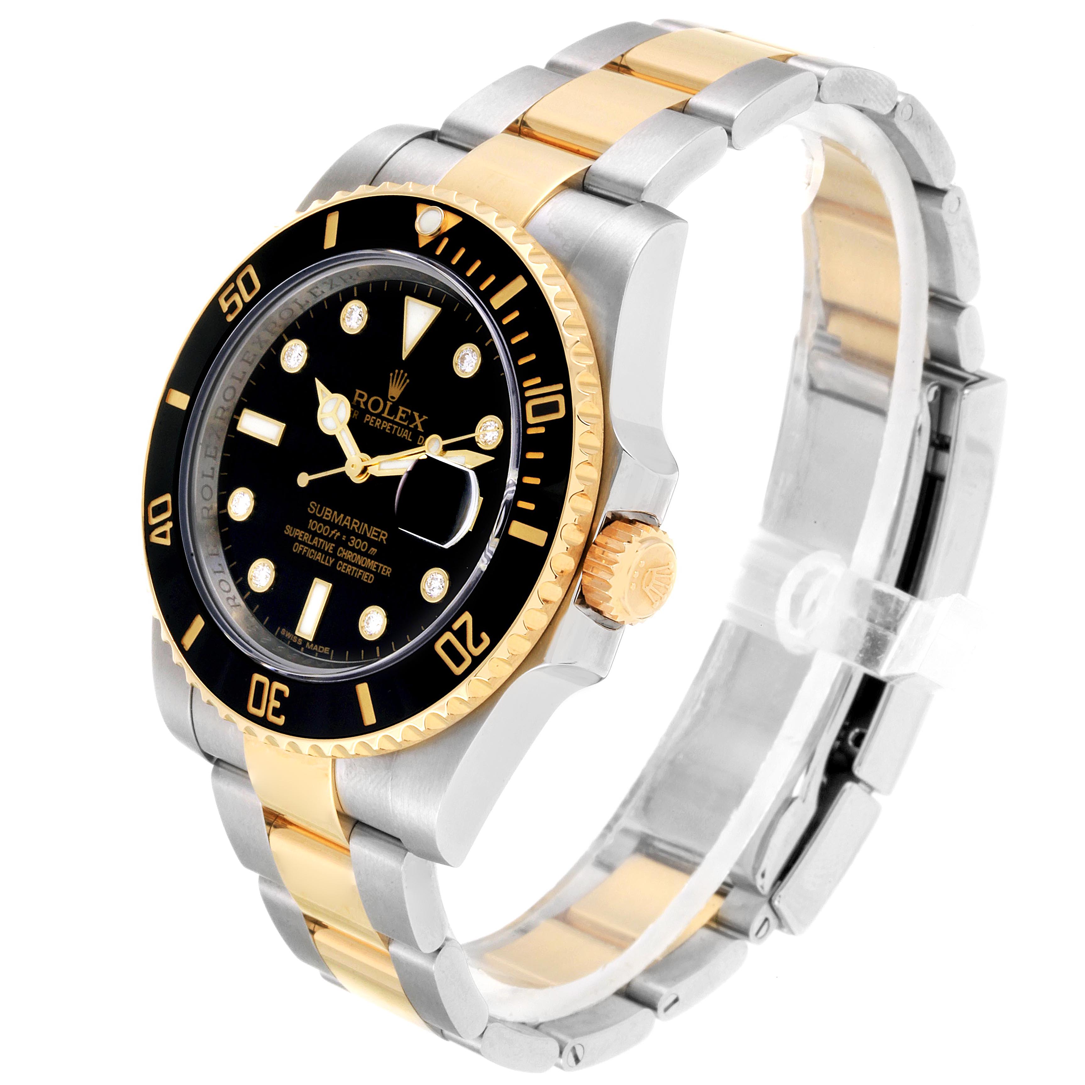 The image shows a side angle of a Rolex Submariner 116613 Men's Steel and Gold (two tone) Black Dial 116613 Men's Steel and Gold (two tone) Black Dial watch, highlighting its bezel, crown, dial, and two-tone bracelet.