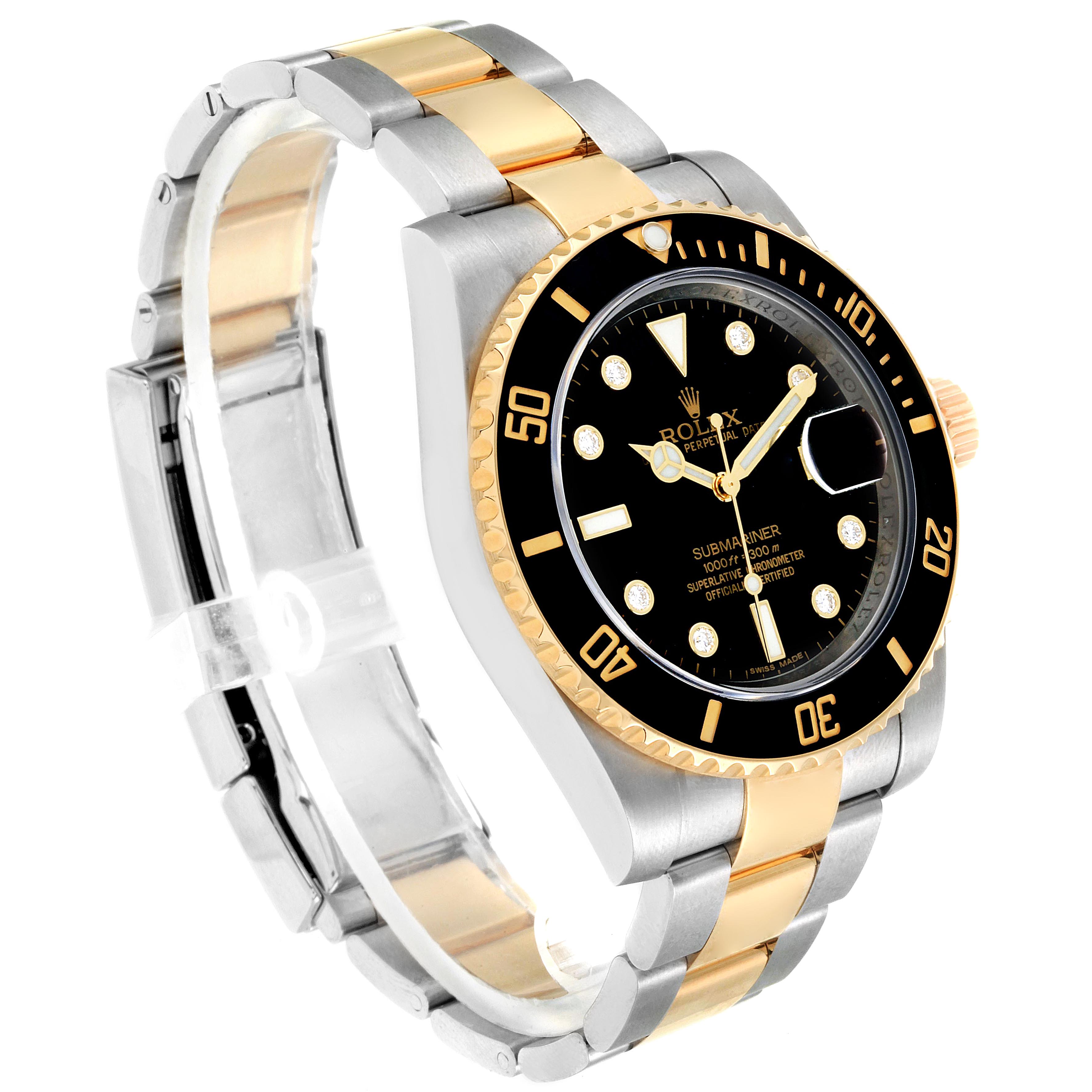The image shows a side angle of a Rolex Submariner 116613 Men's Steel and Gold (two tone) Black Dial 116613 Men's Steel and Gold (two tone) Black Dial watch, highlighting the two-tone bracelet and black dial with a date function.