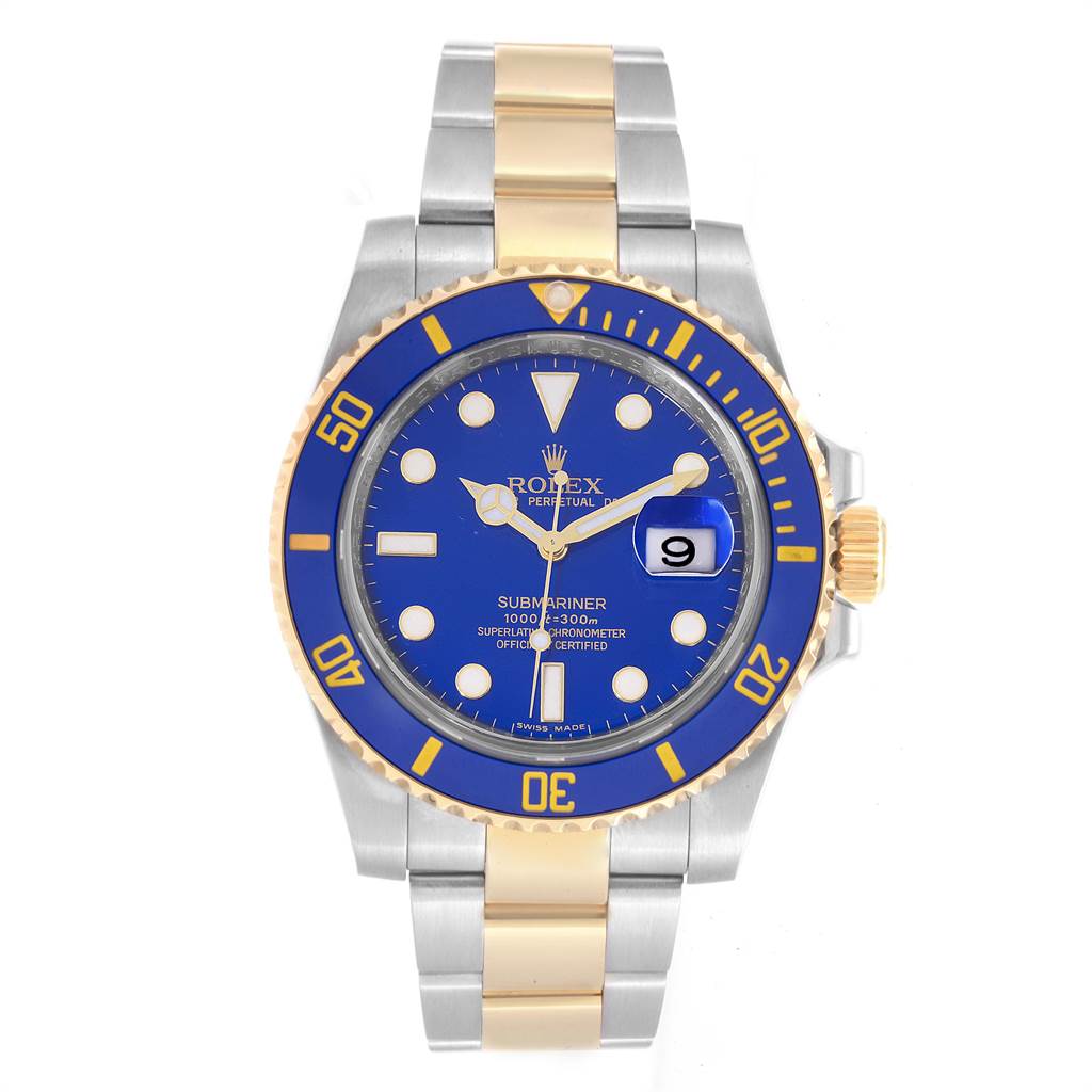 This image shows a front view of a Rolex Submariner 116613 Men's Steel and Gold (two tone) Blue Dial 116613 Men's Steel and Gold (two tone) Blue Dial watch featuring a blue dial, date window, and a two-tone stainless steel and gold bracelet.