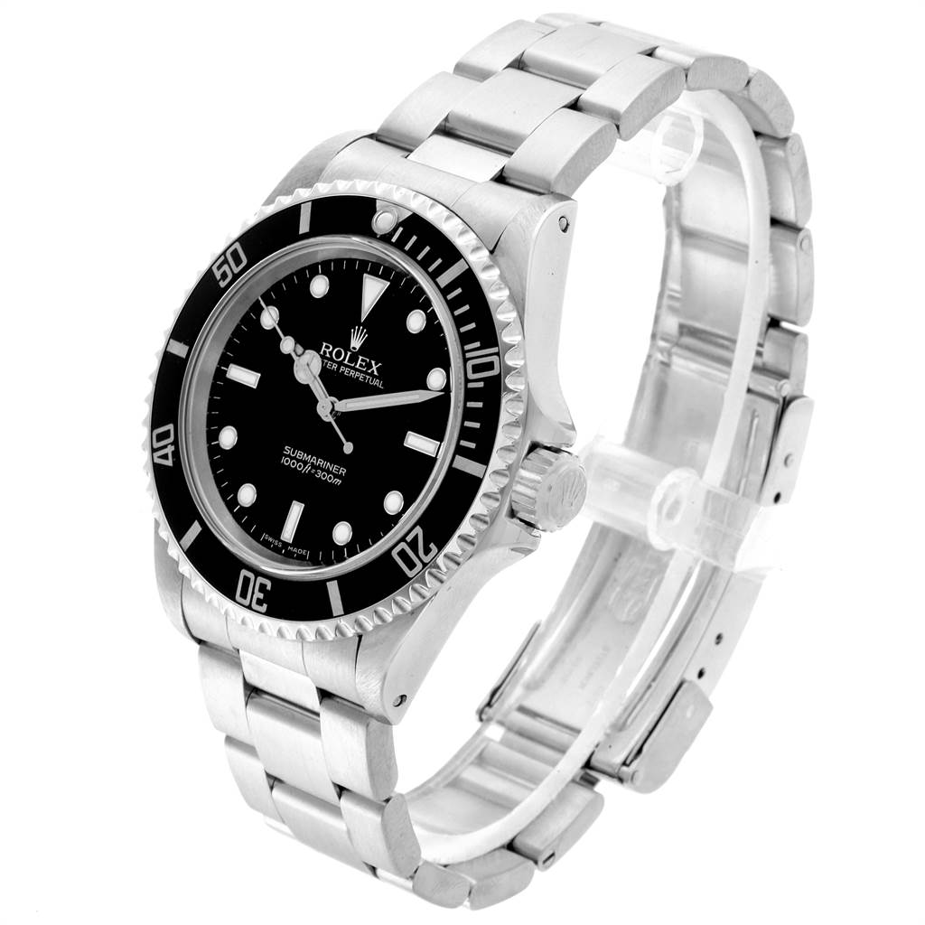 The image shows a side angle view of the Rolex Submariner 14060 Men
s Stainless Steel Black Dial 14060 Men
s Stainless Steel Black Dial watch, highlighting the face, bezel, and bracelet.