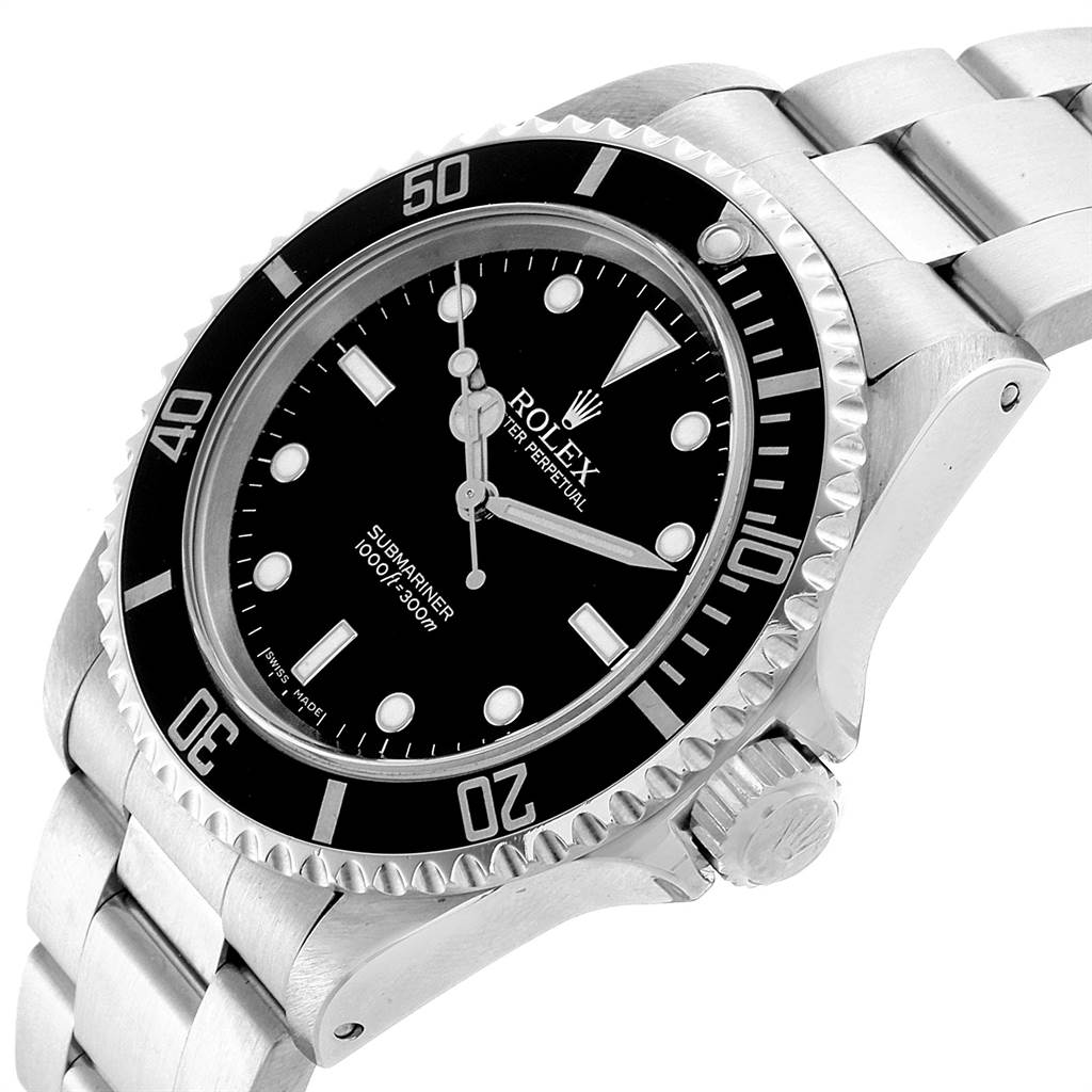 This image shows a close-up oblique view of the face and bracelet of a Rolex Submariner 14060 Men
s Stainless Steel Black Dial 14060 Men
s Stainless Steel Black Dial watch.