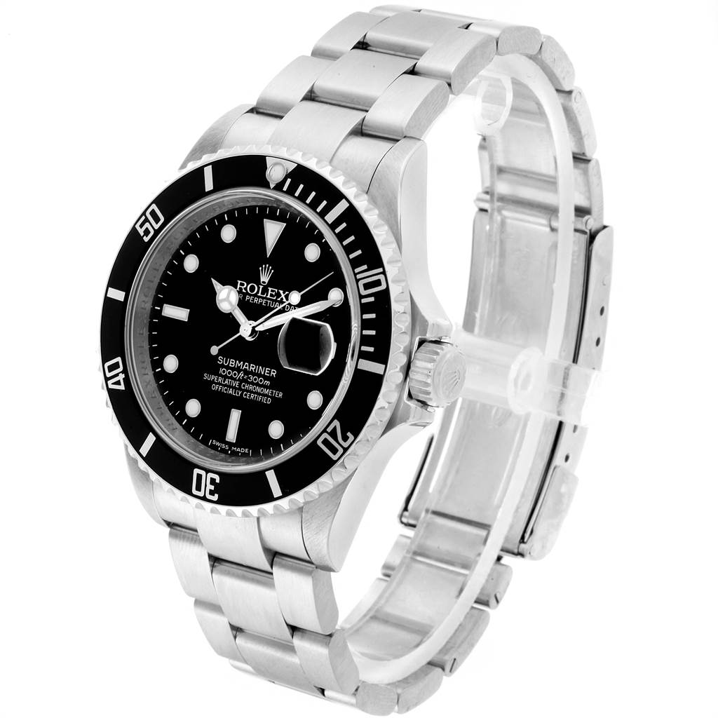 The Rolex Submariner 16610 Men
s Stainless Steel Black Dial 16610 Men
s Stainless Steel Black Dial watch is shown from a three-quarter front angle, highlighting the dial, bezel, and bracelet.