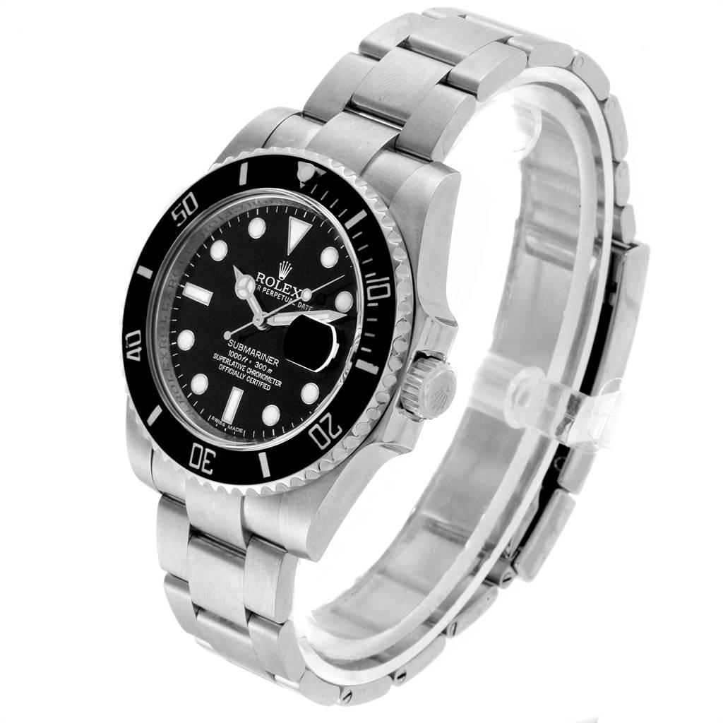 This image shows a side and front angle of a Rolex Submariner 116610 Men
s Stainless Steel Black Dial 116610 Men
s Stainless Steel Black Dial watch, displaying its black bezel, face, and silver bracelet.