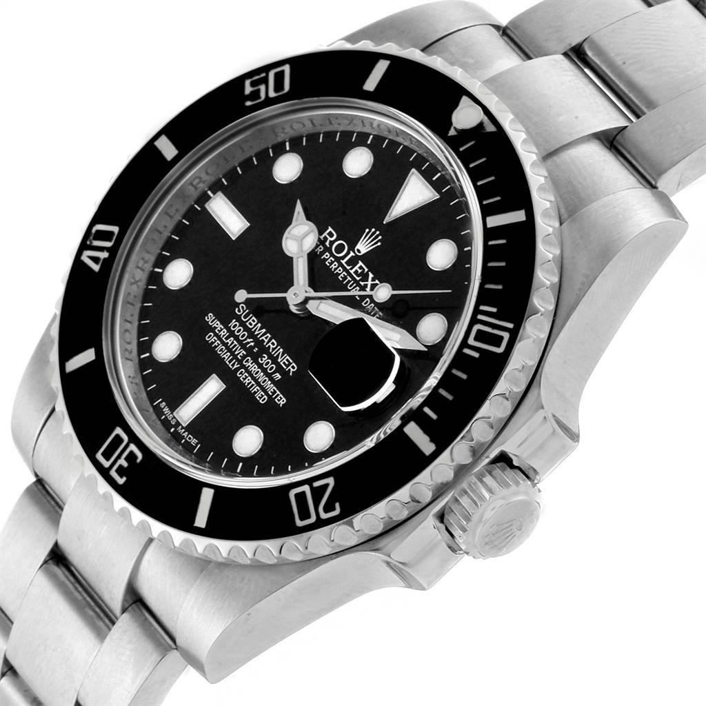 The image shows a close-up, angled view of the Rolex Submariner 116610 Men
s Stainless Steel Black Dial 116610 Men
s Stainless Steel Black Dial watch, highlighting the dial, bezel, and bracelet.