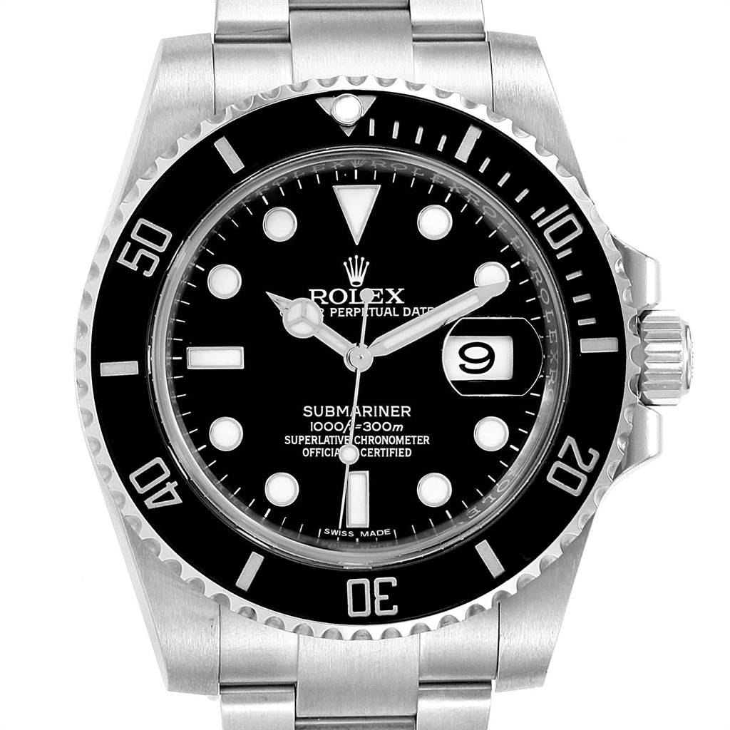 The image shows a front view of the Rolex Submariner 116610 Men
s Stainless Steel Black Dial 116610 Men
s Stainless Steel Black Dial watch, highlighting the dial, bezel, bracelet, and crown.