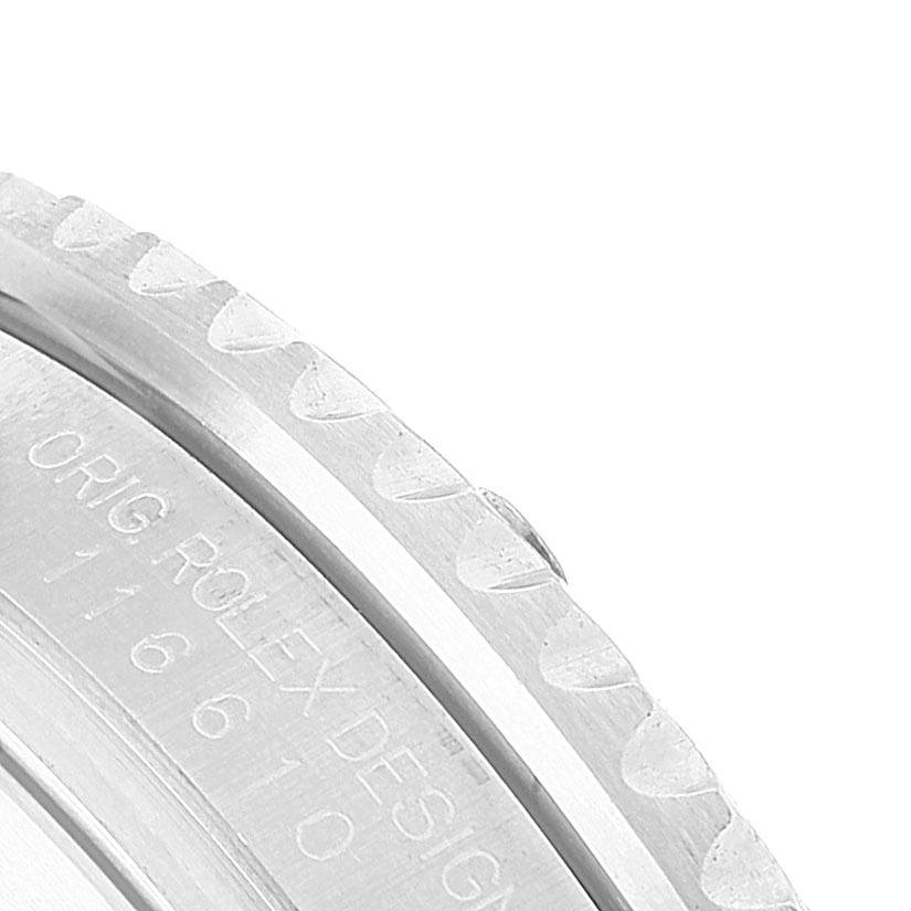 The image shows a close-up of the bezel and part of the case with the model number of a Rolex Submariner 116610 Men
s Stainless Steel Black Dial 116610 Men
s Stainless Steel Black Dial watch.