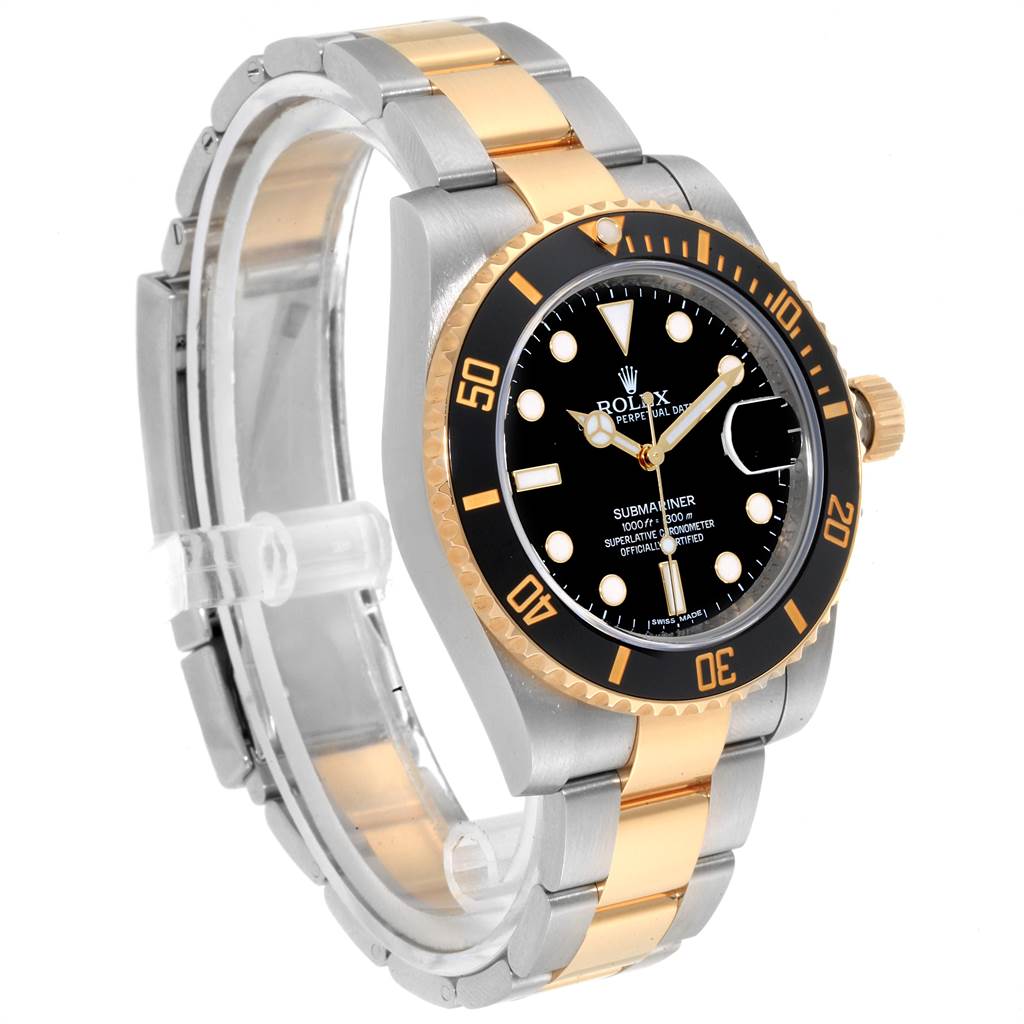 The image shows a Rolex Submariner 116613 Men's Steel and Gold (two tone) Black Dial 116613 Men's Steel and Gold (two tone) Black Dial watch at a slight side angle, highlighting its black dial, rotating bezel, and two-tone metal bracelet.