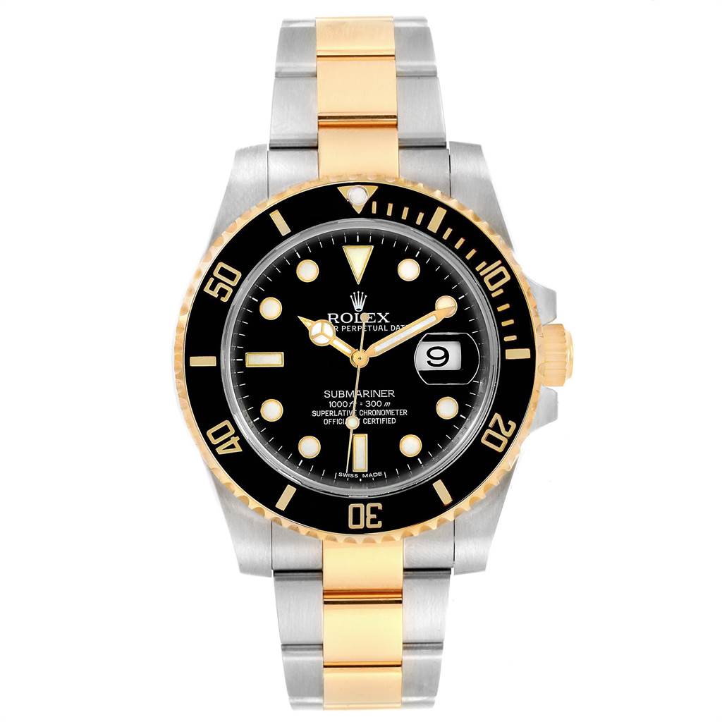 The image shows a front view of a Rolex Submariner 116613 Men's Steel and Gold (two tone) Black Dial 116613 Men's Steel and Gold (two tone) Black Dial watch with a black dial, gold bezel, and a two-tone gold and silver bracelet.