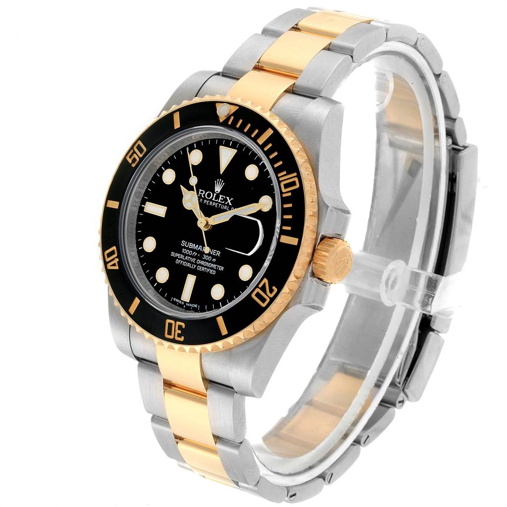 The Rolex Submariner 116613 Men's Steel and Gold (two tone) Black Dial 116613 Men's Steel and Gold (two tone) Black Dial watch is shown at a three-quarter angle, highlighting its black dial, gold accents, and two-tone bracelet.