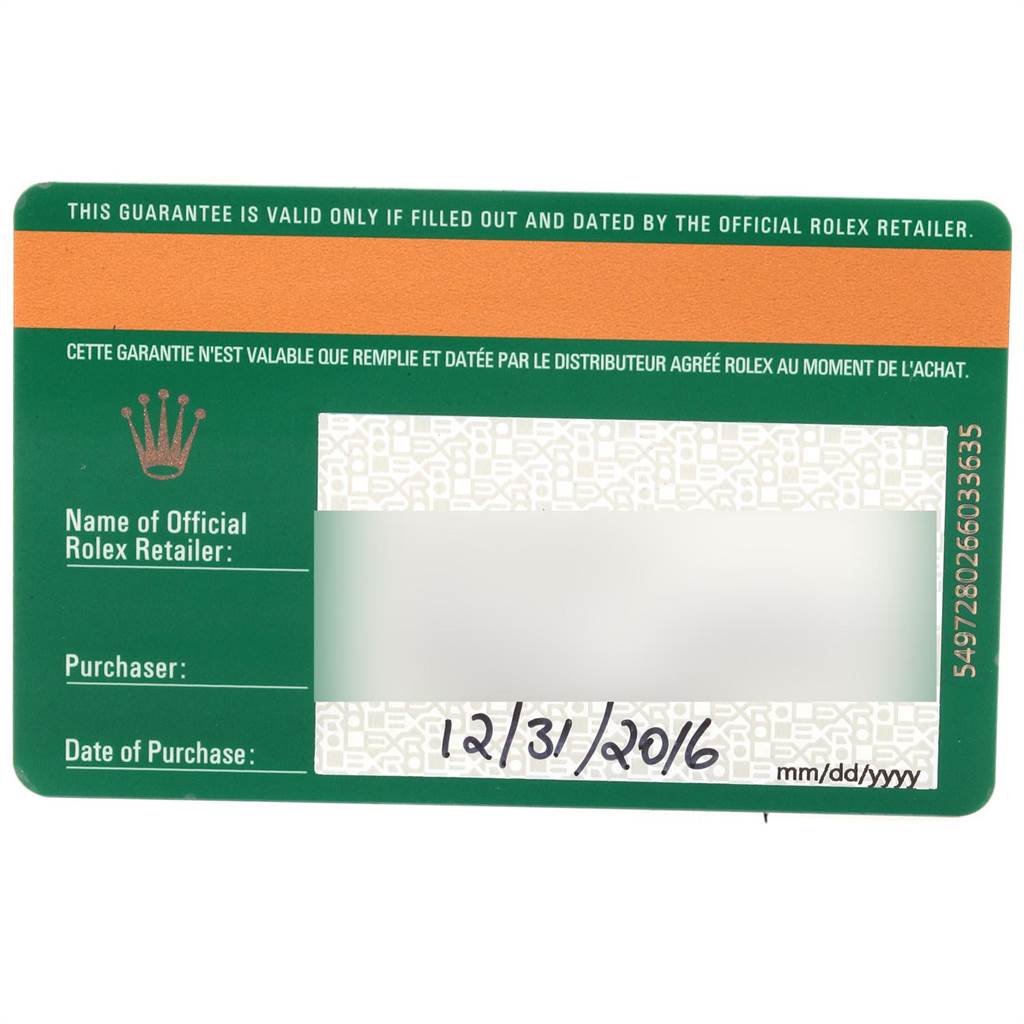 This image shows the guarantee card for a Rolex Submariner 116613 Men's Steel and Gold (two tone) Black Dial 116613 Men's Steel and Gold (two tone) Black Dial watch.