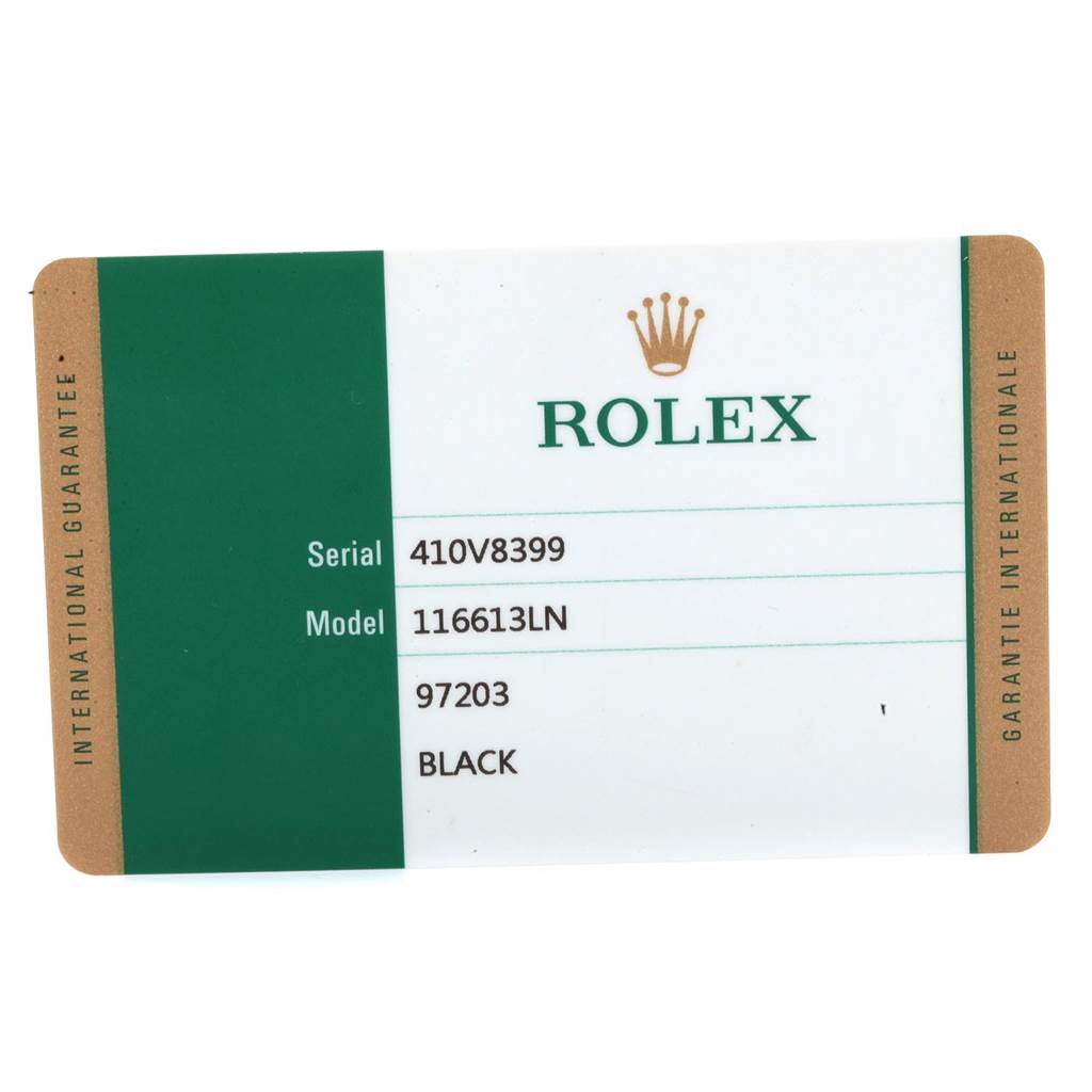 This image shows the warranty card for a Rolex Submariner 116613 Men's Steel and Gold (two tone) Black Dial 116613 Men's Steel and Gold (two tone) Black Dial model 116613LN.