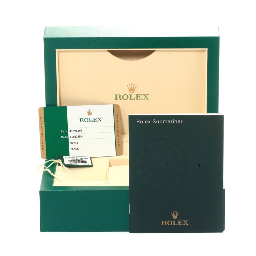 The image shows a Rolex Submariner 116613 Men's Steel and Gold (two tone) Black Dial 116613 Men's Steel and Gold (two tone) Black Dial box, booklet, and certification card from a frontal angle.