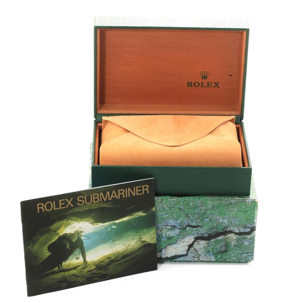 The image shows the Rolex Submariner 16803 Men
s Steel and Gold (two tone) Blue Dial 16803 Men
s Steel and Gold (two tone) Blue Dial box and manual, with the open box revealing an inner protective pouch.