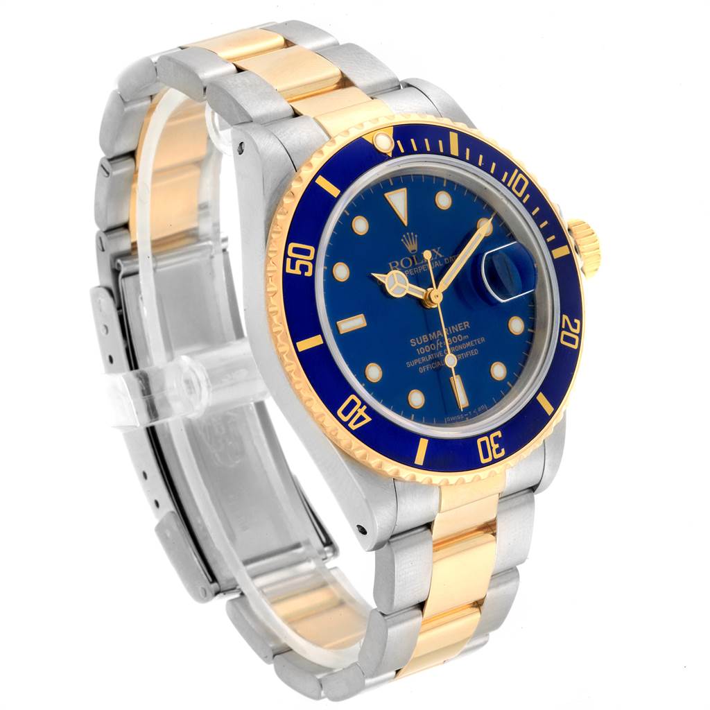 This image shows a Rolex Submariner 16803 Men
s Steel and Gold (two tone) Blue Dial 16803 Men
s Steel and Gold (two tone) Blue Dial model from a three-quarter angle, highlighting the two-tone bracelet, bezel, and dial.