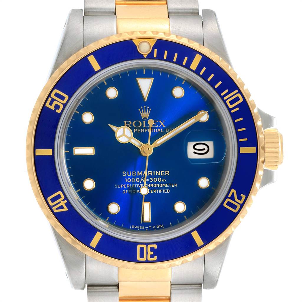 This image shows a frontal view of a Rolex Submariner 16803 Men
s Steel and Gold (two tone) Blue Dial 16803 Men
s Steel and Gold (two tone) Blue Dial watch with a blue dial, gold accents, and silver strap.