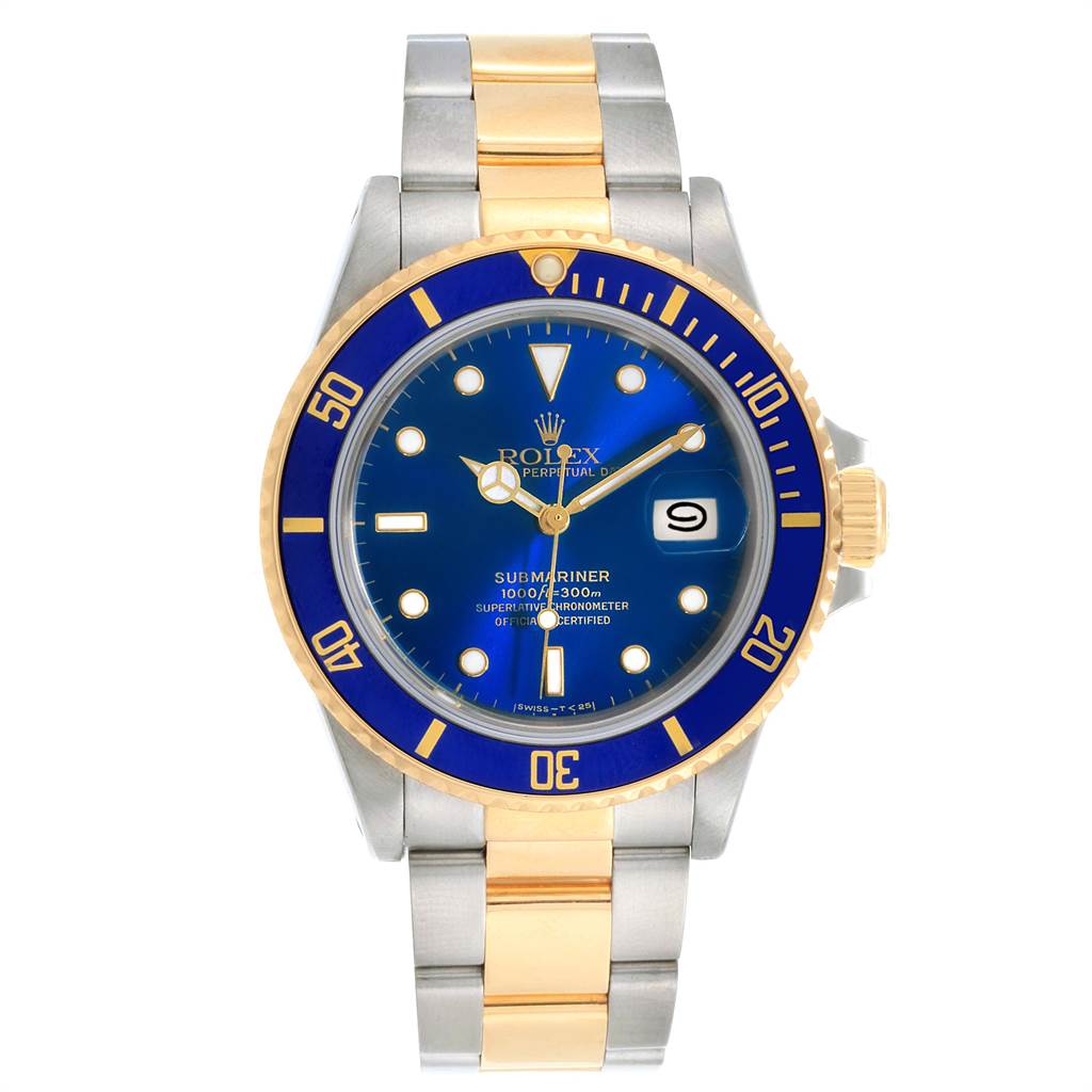 The image shows a front view of a Rolex Submariner 16803 Men
s Steel and Gold (two tone) Blue Dial 16803 Men
s Steel and Gold (two tone) Blue Dial watch, displaying its blue dial, gold accents, and two-tone bracelet.