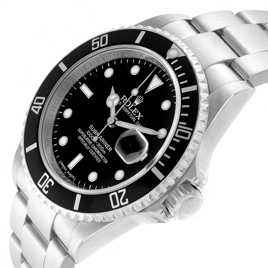The image shows a Rolex Submariner 16610 Men
s Stainless Steel Black Dial 16610 Men
s Stainless Steel Black Dial watch from an angled side view, highlighting the bezel, dial, crown, and part of the bracelet.