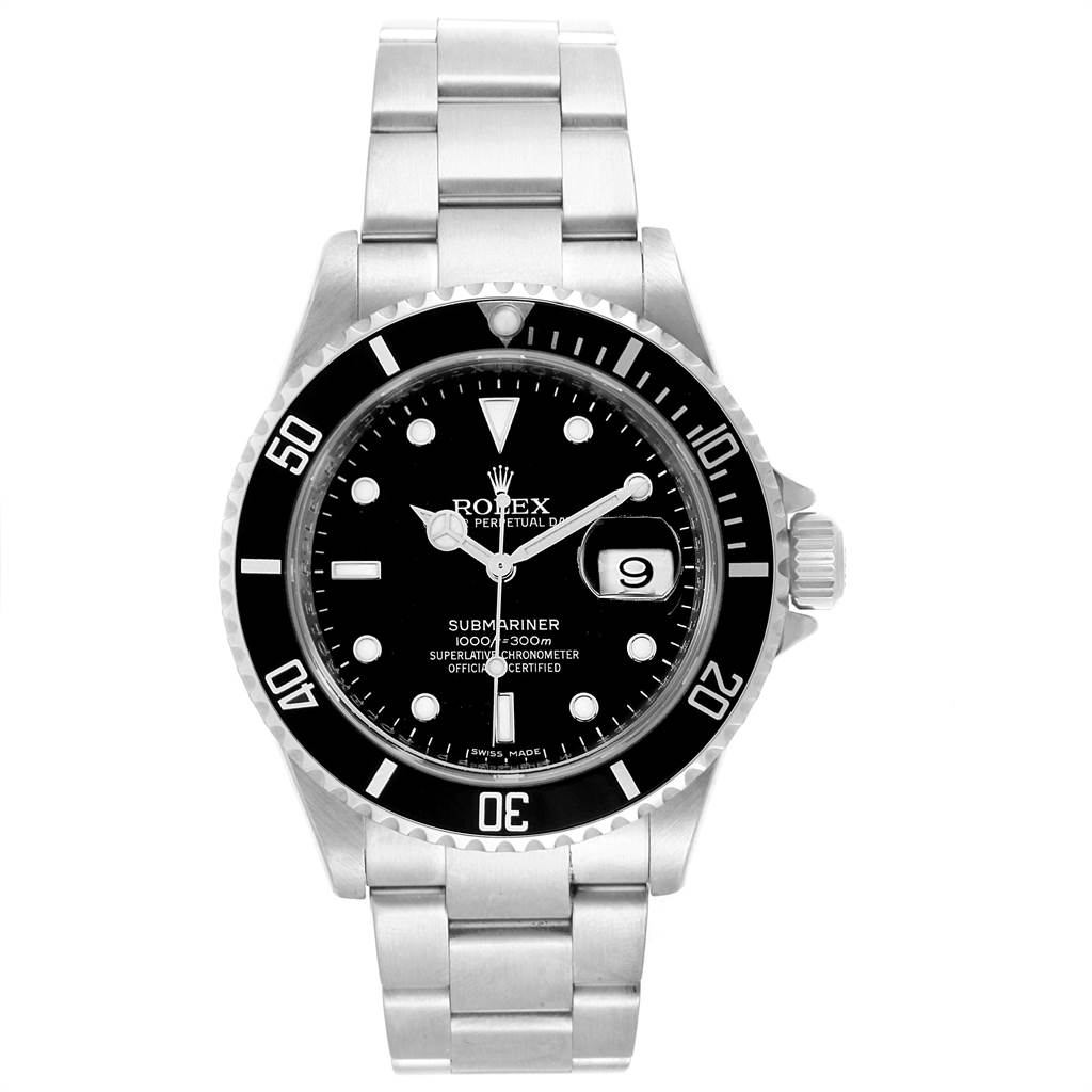 This image shows a frontal view of a Rolex Submariner 16610 Men
s Stainless Steel Black Dial 16610 Men
s Stainless Steel Black Dial watch, highlighting the bezel, dial, hands, bracelet, and crown.