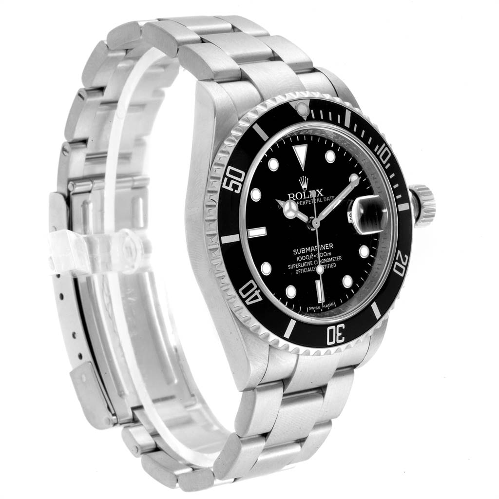 The image shows a side-angle view of a Rolex Submariner 16610 Men
s Stainless Steel Black Dial 16610 Men
s Stainless Steel Black Dial, displaying the watch face, bezel, and part of the bracelet.