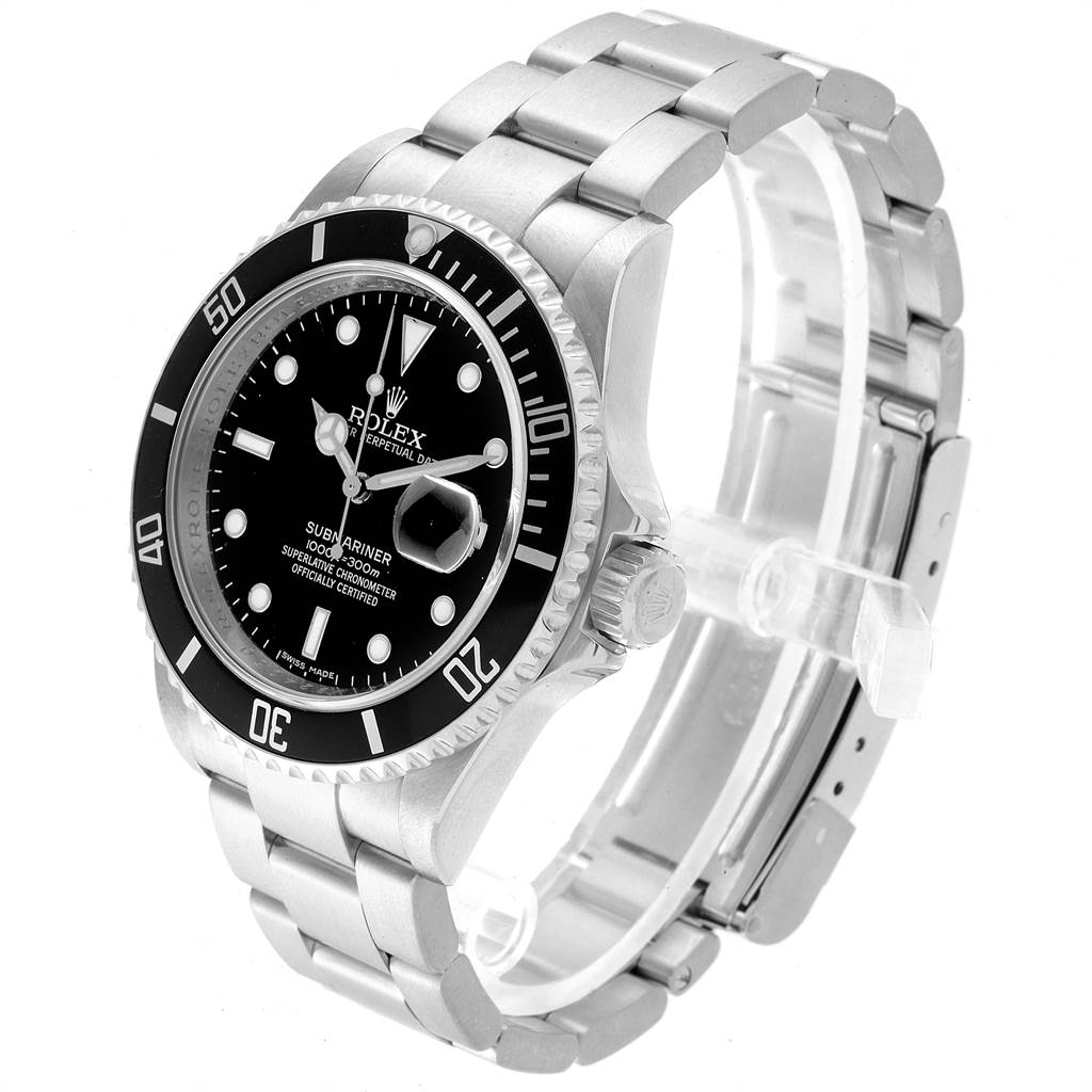 This image shows a Rolex Submariner 16610 Men
s Stainless Steel Black Dial 16610 Men
s Stainless Steel Black Dial watch from a three-quarter angle, capturing the bezel, dial, bracelet, and crown.