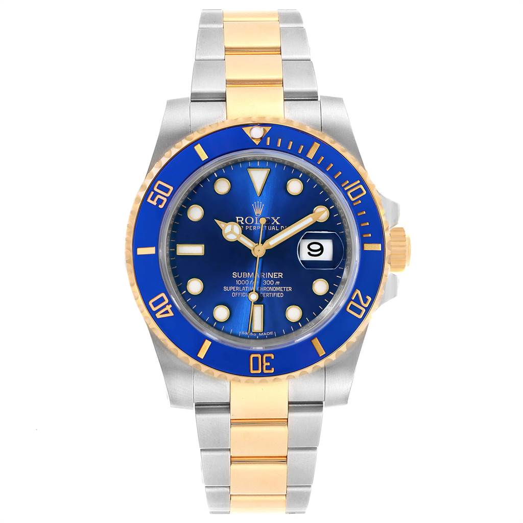 This image shows a front view of the Rolex Submariner 116613 Men
s Steel and Gold (two tone) Blue Dial 116613 Men
s Steel and Gold (two tone) Blue Dial watch, highlighting its blue dial, two-tone bezel, and bracelet.