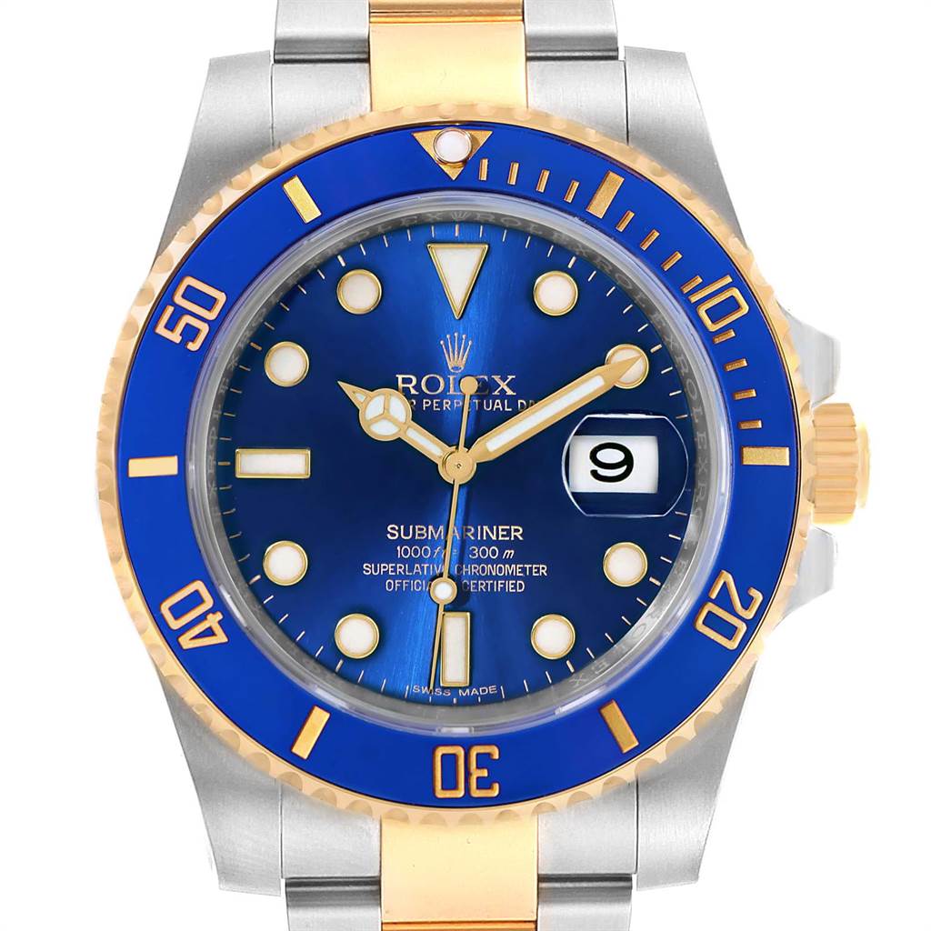 The image shows a front view of a Rolex Submariner 116613 Men
s Steel and Gold (two tone) Blue Dial 116613 Men
s Steel and Gold (two tone) Blue Dial watch, displaying its blue dial, bezel, and gold accents with a date window.