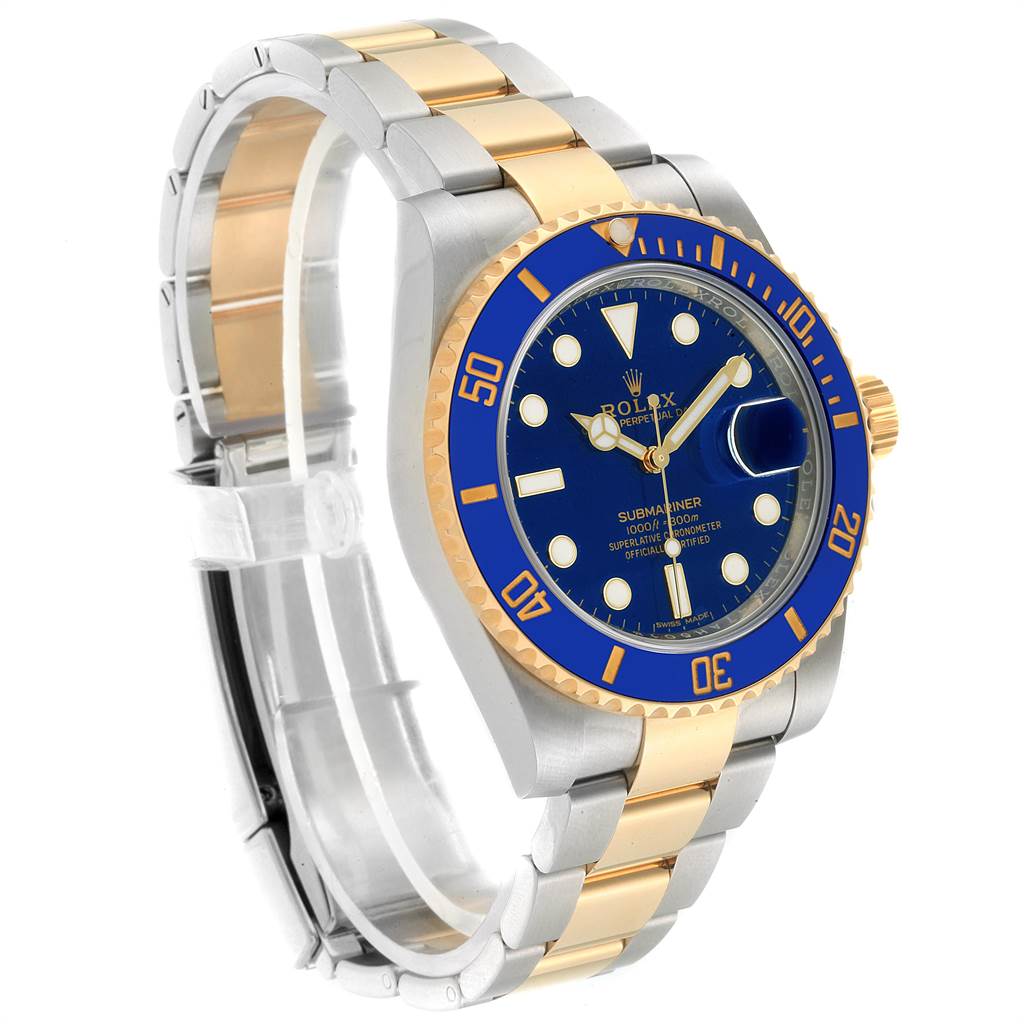 The image shows a side angle of the Rolex Submariner 116613 Men
s Steel and Gold (two tone) Blue Dial 116613 Men
s Steel and Gold (two tone) Blue Dial watch, highlighting the blue and gold bezel, dial, and two-tone bracelet.