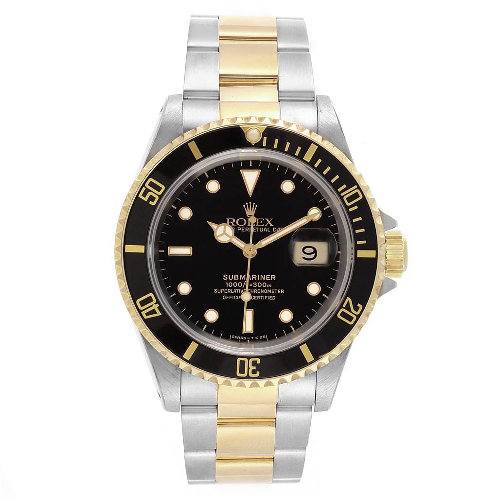 The image shows a front view of a Rolex Submariner 16613 Men's Steel and Gold (two tone) Black Dial 16613 Men's Steel and Gold (two tone) Black Dial watch, highlighting its black dial, gold and silver bracelet, and date window.