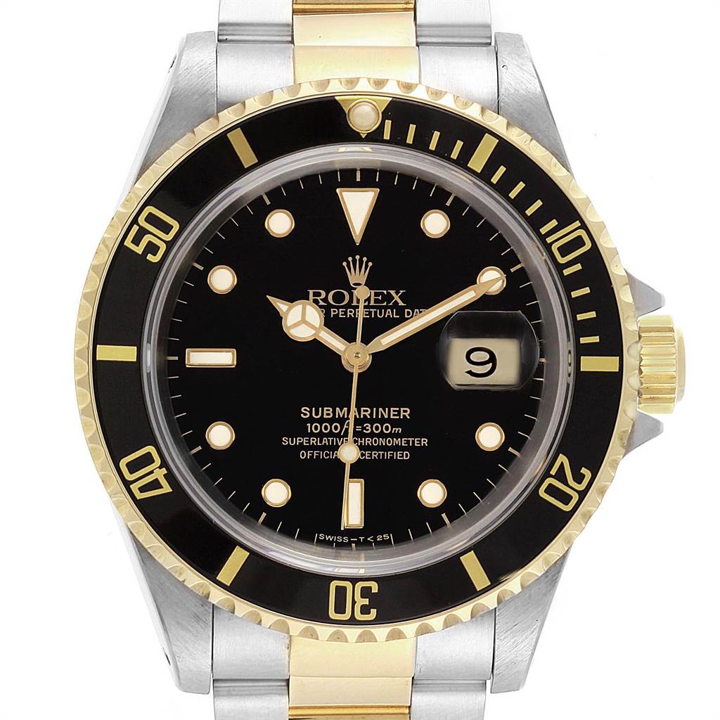 The image shows a frontal view of a Rolex Submariner 16613 Men's Steel and Gold (two tone) Black Dial 16613 Men's Steel and Gold (two tone) Black Dial watch, displaying the face, bezel, and part of the bracelet.