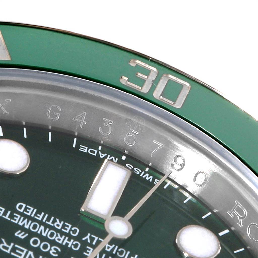 The image shows a close-up of the dial and bezel of a Rolex Submariner 116610LV Men's Stainless Steel Green Dial 116610LV Men's Stainless Steel Green Dial watch, highlighting the 30-minute marker.