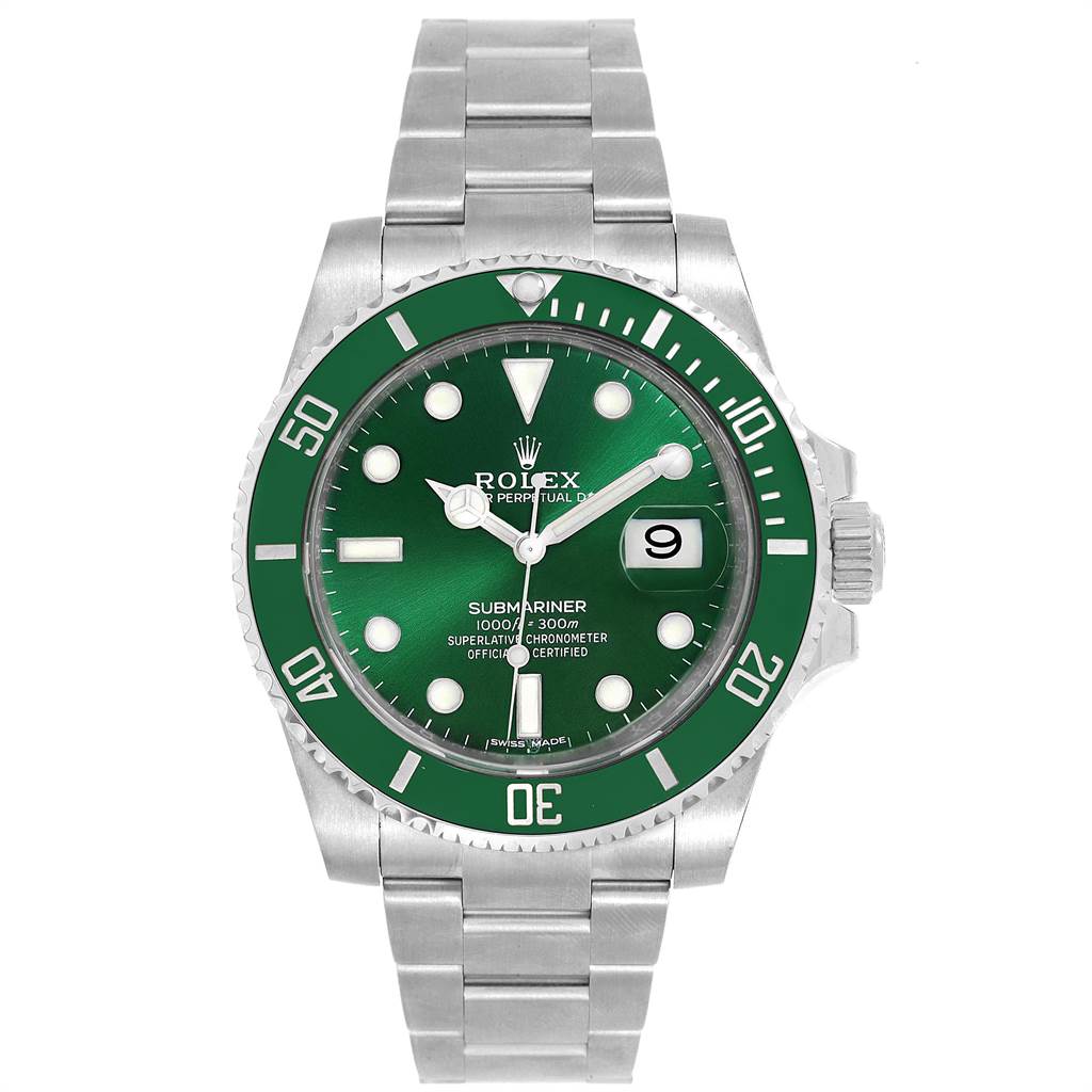 This image shows a front view of the Rolex Submariner 116610LV Men's Stainless Steel Green Dial 116610LV Men's Stainless Steel Green Dial watch, highlighting its green dial, bezel, and stainless steel bracelet.