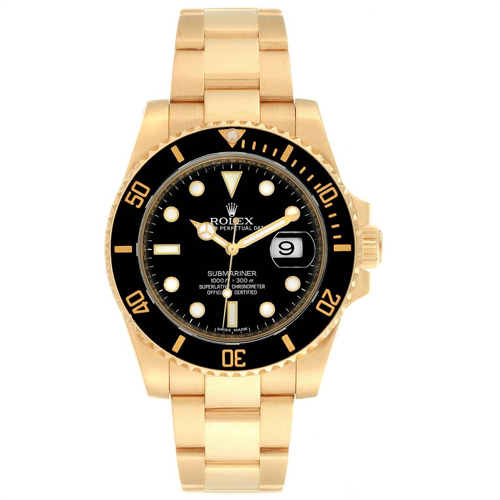 This image shows a front view of a Rolex Submariner 116618 Men's Yellow Gold Black Dial 116618 Men's Yellow Gold Black Dial watch, highlighting its dial, bezel, bracelet, and crown.