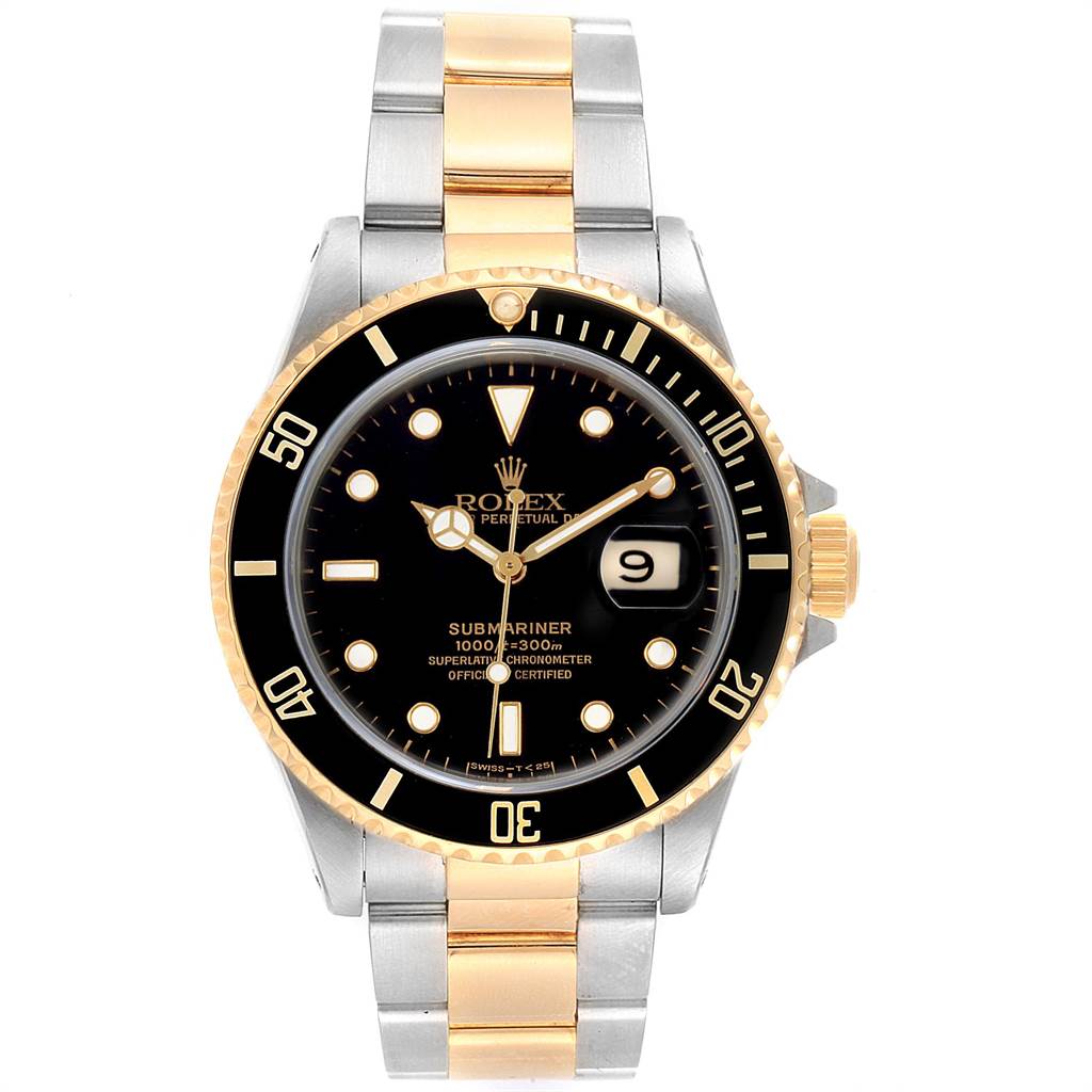 This image shows a Rolex Submariner 16613 Men's Steel and Gold (two tone) Black Dial 16613 Men's Steel and Gold (two tone) Black Dial watch from a front angle, displaying the dial, bezel, and bracelet.