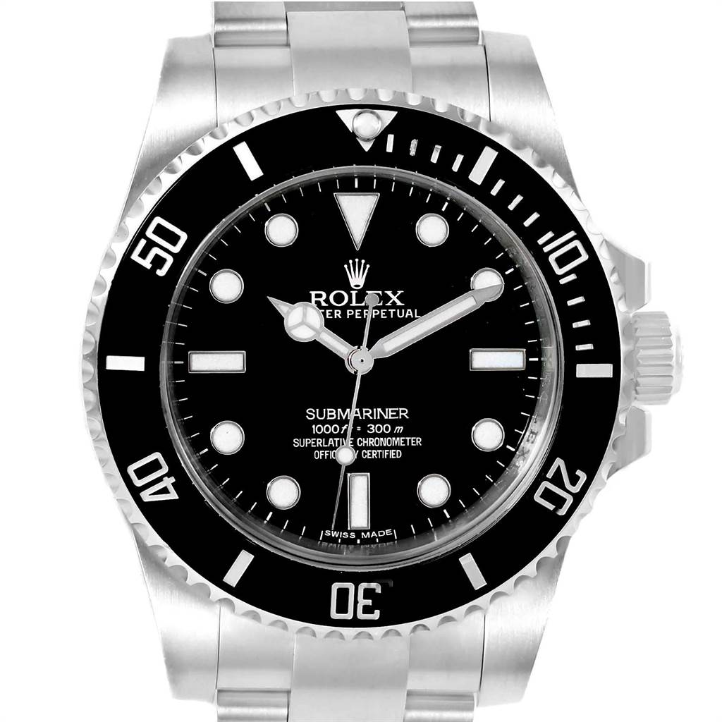 The image shows the front view of a Rolex Submariner 114060 Men
s Stainless Steel Black Dial 114060 Men
s Stainless Steel Black Dial model with a black dial and bezel, silver hour markers and hands.