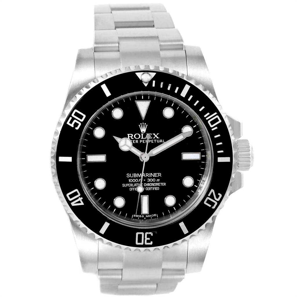 The image shows a front view of a Rolex Submariner 114060 Men
s Stainless Steel Black Dial 114060 Men
s Stainless Steel Black Dial watch, highlighting its dial, bezel, and bracelet.