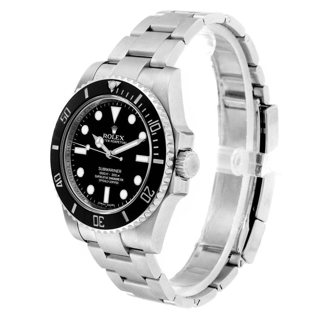 The image shows a Rolex Submariner 114060 Men
s Stainless Steel Black Dial 114060 Men
s Stainless Steel Black Dial watch at a front-left angle, displaying its face, bezel, crown, and stainless steel bracelet.