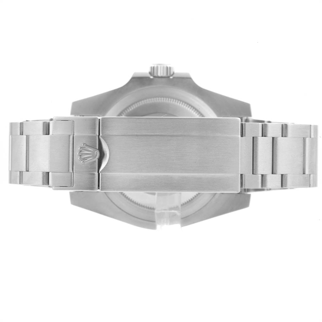 This image shows the backside of a Rolex Submariner 114060 Men
s Stainless Steel Black Dial 114060 Men
s Stainless Steel Black Dial watch, highlighting its bracelet clasp and case back.