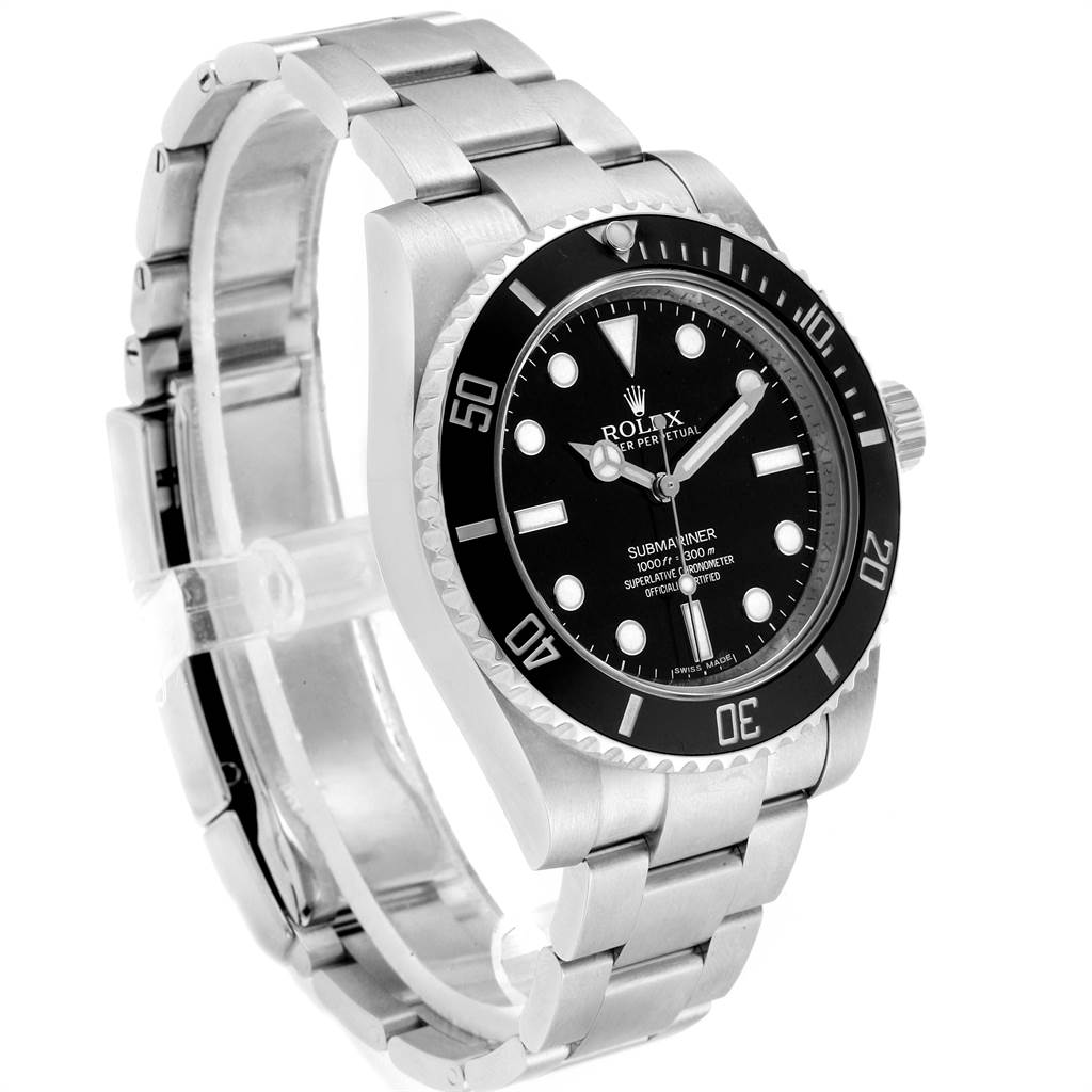 The image shows a Rolex Submariner 114060 Men
s Stainless Steel Black Dial 114060 Men
s Stainless Steel Black Dial watch at a three-quarter angle, highlighting its black dial, bezel, and stainless steel bracelet.