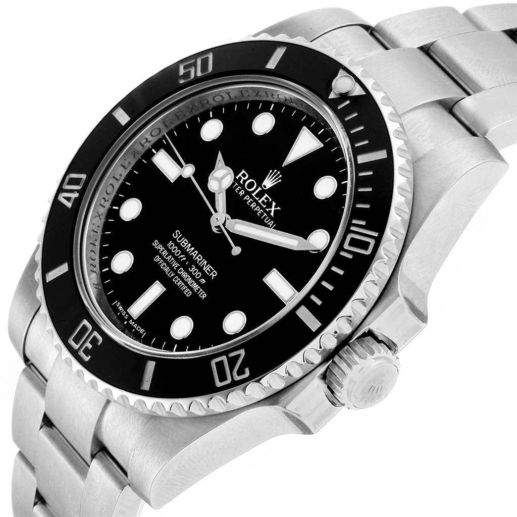 The image shows a Rolex Submariner 114060 Men
s Stainless Steel Black Dial 114060 Men
s Stainless Steel Black Dial watch from an angled side view, highlighting its face, bezel, and bracelet.